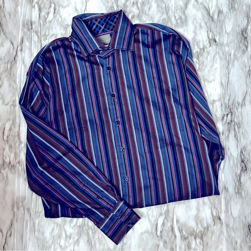 Thomas Dean Mens Sz 2XB Blue Striped Button Down Dress Shirt. Checked Flip Cuffs